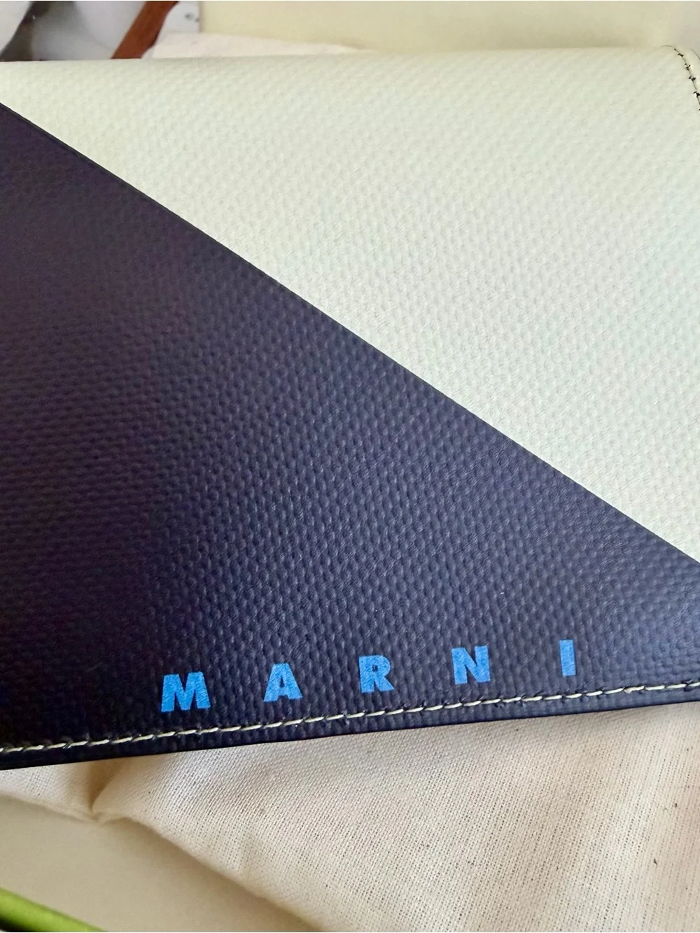 Marni Two-Tone Diagonal Leather Wallet in Cream and Dark Brown with Blue Logo